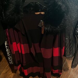 Belldini Black and Red Plaid Cape with Faux Fur Collar
